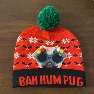 Bah Hum Pug Pom Pom Puppy Dog with Sunglasses Snowflake Beanie Hat